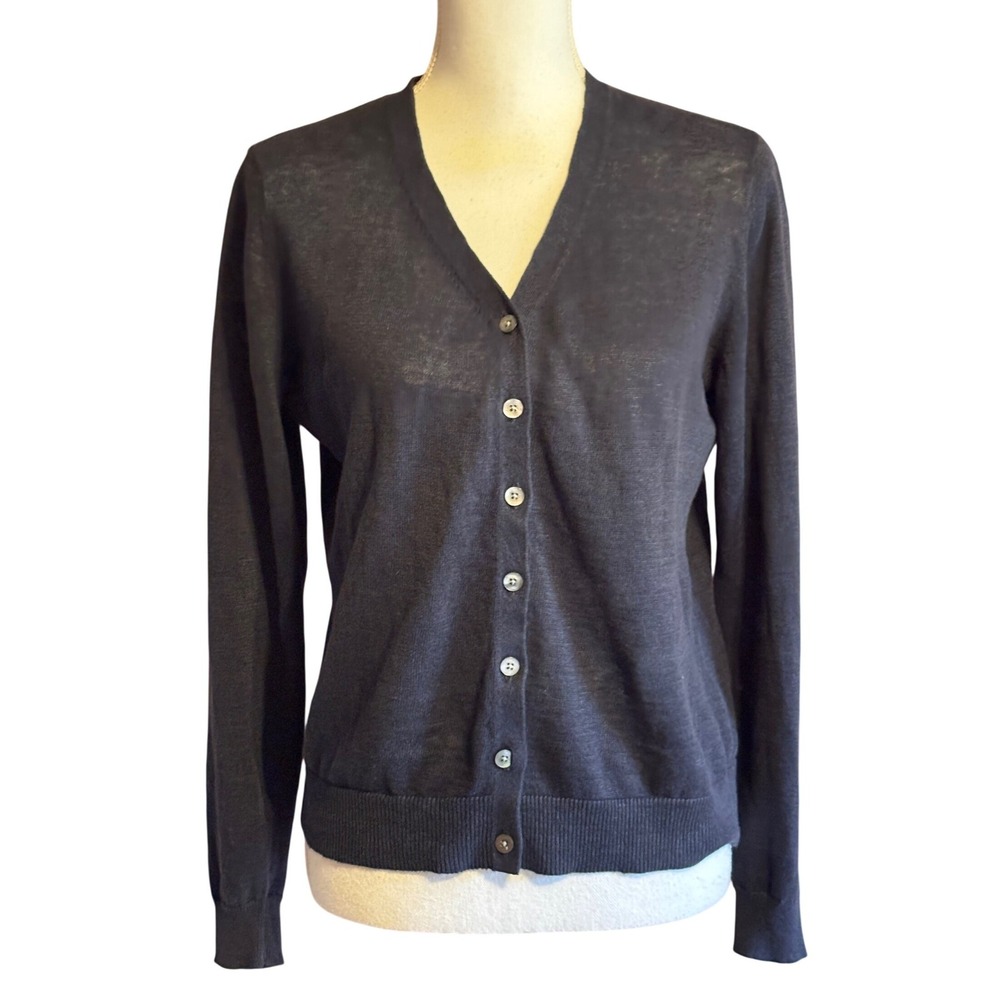Garnet Hill Navy 100% Linen Cardigan Small Coastal Grandmother Minimalist Preppy